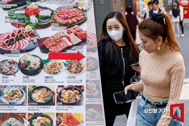 서울 중구 명동을 찾은 외국인 관광객들이 음식점 메뉴가 담긴 홍보판을 보고 있다./사진=강진형 기자aymsdream@