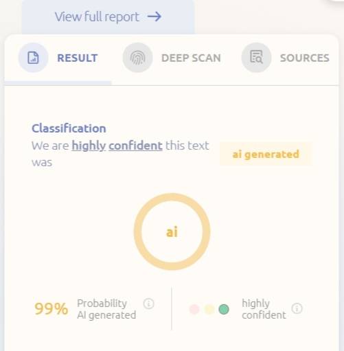 기자가 GPT제로에 특정 문장을 입력하자 "99% 확률로 AI가 쓴 것"이라고 판단했다./사진=GPT제로