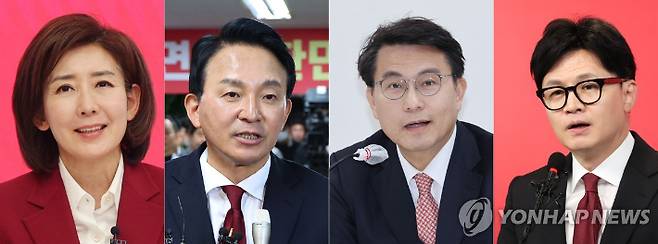 [촬영 임화영 이정훈 임순석] 국민의힘 당권주자 나경원 의원(왼쪽부터), 원희룡 전 국토부 장관, 윤상현 의원, 한동훈 전 비대위원장. 연합뉴스