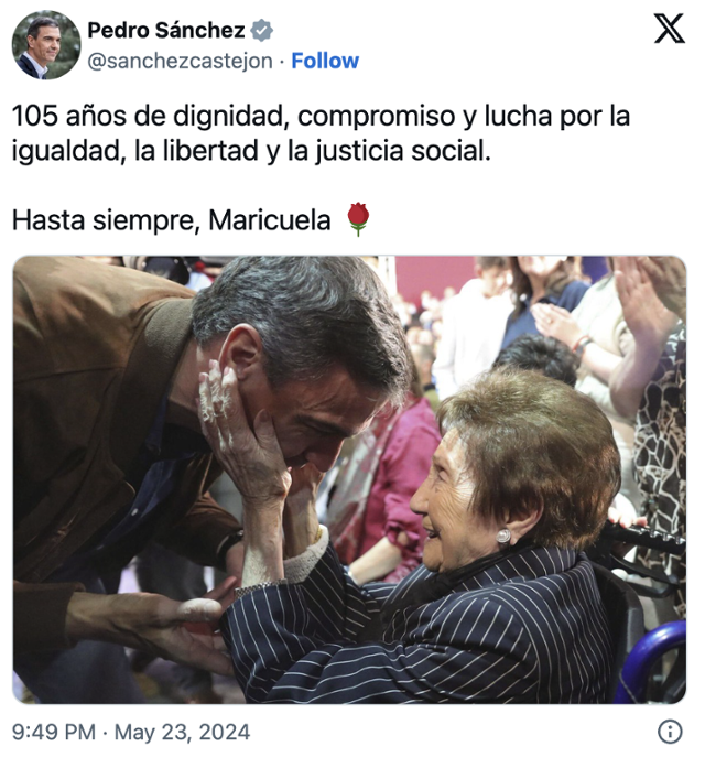 스페인내전의 이념적 상징이던 플로레스는 제도권 정치, 특히 좌파 정치인들에겐 엄한 교사이기도 했다. 그는 2018년 집권한 사회노동당 정부에 좌파 연대를 위한 겸손을 주문했다. 사진은 페드로 산체스 현 총리가 SNS에 올린 애도글.