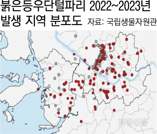 붉은등우단털파리 2022~2023년 발생 지역 분포도. 자료: 국립생물자원관