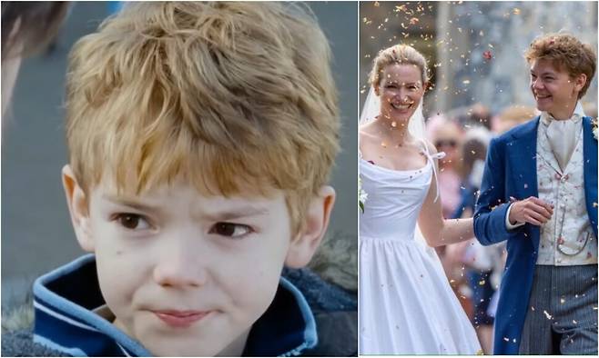 영화 ‘러브 액츄얼리’(2003)에 출연했을 당시 토마스 브로디-생스터.(왼쪽) 영국 배우 토마스 브로디-생스터(오른쪽)와 탈룰라 라일리(왼쪽)가 22일(현지시각) 영국 런던 북부 하트퍼드셔의 한 교회에서 결혼식을 올렸다. 유튜브, 엑스(X·옛 트위터) 갈무리