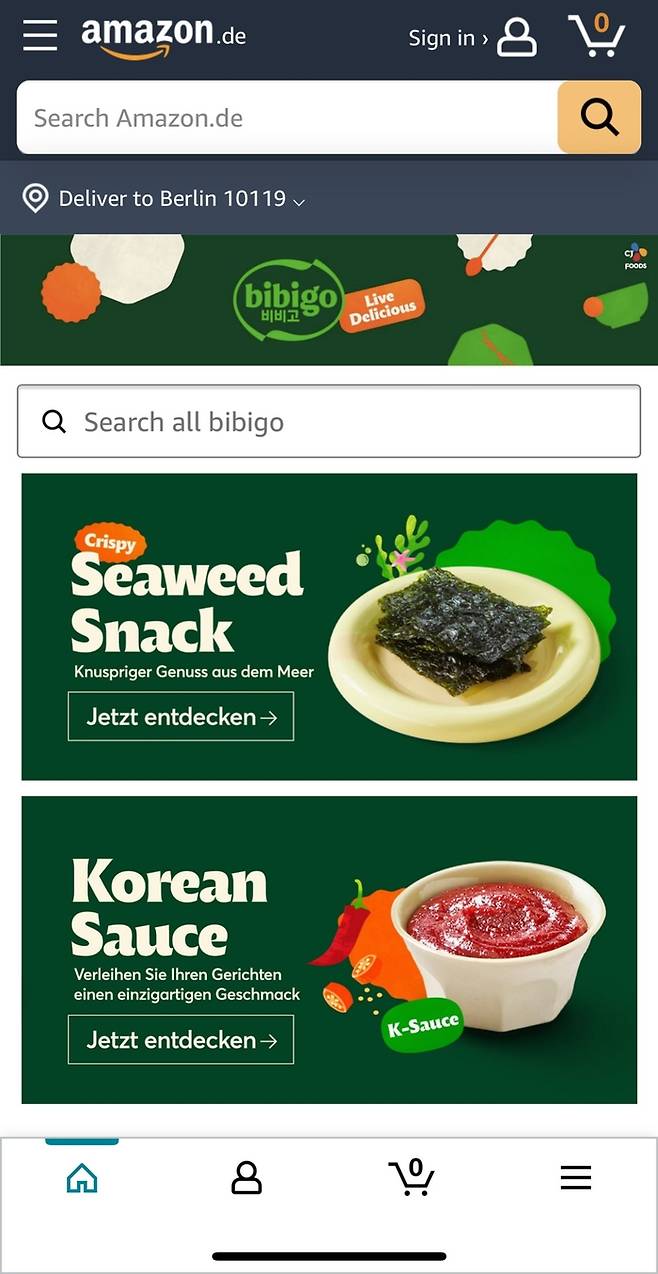 독일 아마존에 공식 입점한 CJ제일제당 ‘비비고 스토어’에서 판매 중인 김과 소스. [사진 제공=CJ제일제당]