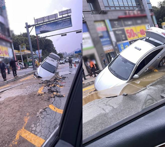 지난 24일 오전 경기 평택 한 도로에서 포트홀이 발생해 택시가 빠지는 사고가 발생했다. /사진=SNS 갈무리