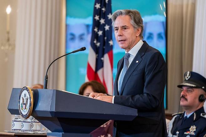 인신매매 보고서 발표 관련 연설하는 블링컨 ⓒEPA=연합뉴스