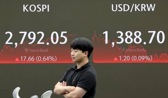 A screen in Hana Bank's trading room in central Seoul shows the Kospi closing at 2,792.05 points on Wednesday, up 0.64 percent, or 17.66 points, from the previous trading session.[NEWS1]