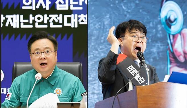 26일 열리는 국회 보건복지위원회 청문회에 조규홍 보건복지부 장관과 임현택 의협 회장이 증인으로 출석한다. 사진은 보건복지부 장관이 중앙재난안전대책본부 회의에서 발언하는 모습(왼쪽)과 임현택 대한의사협회 회장이 의료농단 저지 전국의사대표자회의에서 투쟁 선포를 하는 모습(오른쪽) . /사진=뉴스1