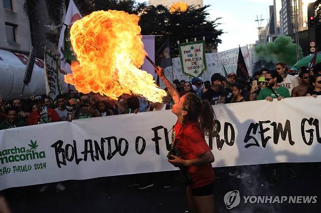 16일(현지시간) 브라질 상파울루에서 진행된 마리화나 허용 요구 거리 행진 [EPA 연합뉴스 자료사진. 재판매 및 DB 금지]