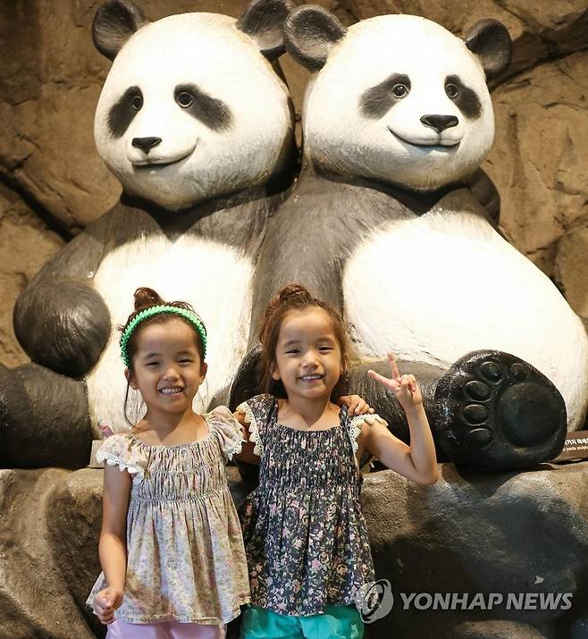 쌍둥이 데이 맞아 에버랜드 찾은 쌍둥이들 (서울=연합뉴스) 같은 숫자가 겹치는 쌍둥이 데이인 22일, 경기 용인시 에버랜드를 찾은 쌍둥이 어린이들이 판다 월드에서 기념사진을 찍고 있다. 2023.8.22 [에버랜드 제공. 재판매 및 DB 금지] photo@yna.co.kr