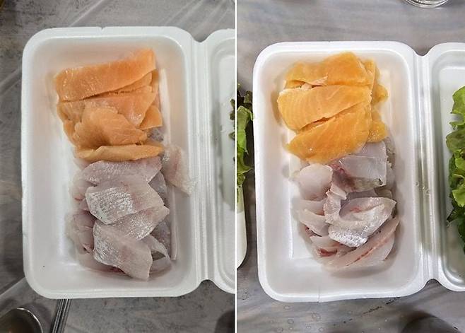부산 자갈치 신동아시장의 한 횟집에서 연어회와 밀치회 총 두팩을 10만원에 구매했다는 소비자가 올린 사진. /보배드림