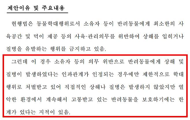 기동민 전 더불어민주당 의원이 지난해 9월 발의했으나, 임기 만료로 폐기된 동물보호법 개정안. '고통' 주는 행위도 학대로 간주해 처벌할 수 있게 마련했었다./사진=기동민 전 의원 홈페이지