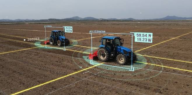 LS엠트론 동부 메가센터에서 자율작업 트랙터 장애물 감지 기능을 선보이는 모습. / 사진=LS엠트론