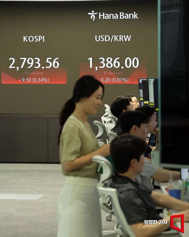 28일 코스피는 2800선을 바라보며 소폭 상승 출발했고 원 달러 환율은 1380원대에서 소폭 등하락을 반복했다. 서울 하나은행 본점 딜링룸 전광판에 주가와 환율 등 각종 지수들이 표시되고 있다. 사진=허영한 기자 younghan@