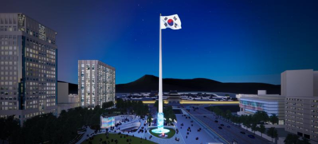 ▲서울시가 100ｍ 높이에 태극기가 게양된 대형 조형물을 서울 종로구 광화문광장에 설치한다고 25일 밝혔다. 사진은 광화문광장에 설치된 태극기가 게양된 대형 조형물 조감도. ⓒ연합뉴스