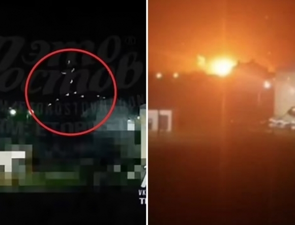 러시아 서남부 로스토프 지역의 모로조프스크 비행장에 떨어지는 우크라이나 드론(왼쪽), 비행장에서 발생한 대형 화재(오른쪽). 2024. 05. 04