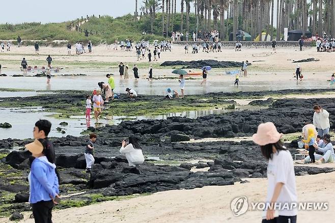 초여름 제주 해변 풍경 (제주=연합뉴스) 박지호 기자 = 초여름 날씨를 보인 11일 오전 제주시 한림읍 금능 해수욕장이 관광객들로 붐비고 있다. 2024.6.11 jihopark@yna.co.kr (끝)