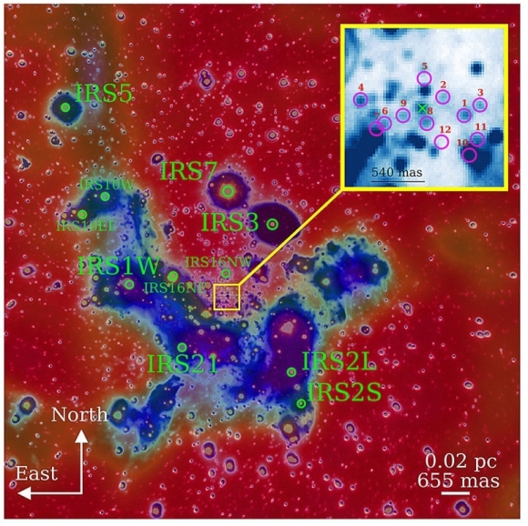 은하 중심 블랙홀 주변을 공전하는 어린 별 (노란 사각형 안) Credit: Astronomy & Astrophysics (2024). DOI: 10.1051/0004-6361/202449729)