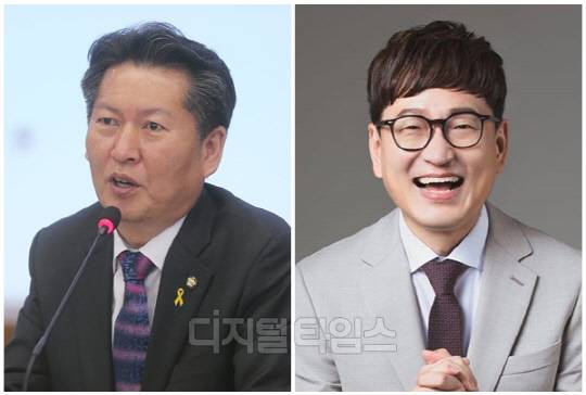 정청래(왼쪽) 더불어민주당 의원과 개그맨 김영민씨. <디지털타임스 DB, 연합뉴스>