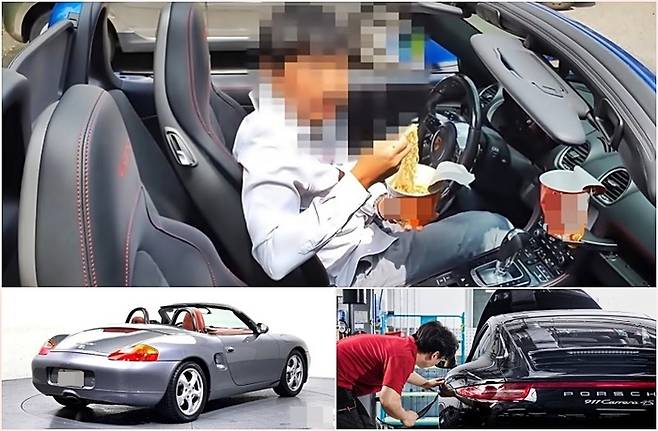 포르쉐 차량 안에서 컵라면을 먹고 있는 차주(위)와 수입 중고차 [사진출처=유튜브 안과장 영상 캡처, 케이카, 포르쉐]