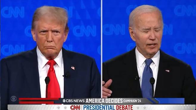 미 대선 TV토론 중 조 바이든 대통령이 말을 더듬자 도널드 트럼프 전 대통령이 의심스럽다는 표정으로 쳐다보고 있다. /CNN