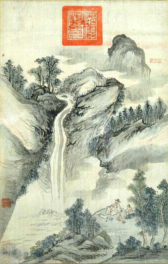 LACMA 전시작 이인문의 '폭포를 바라보는 이백'. 산수와 인물 표현도 조선 후기 화원화가 이인문의 것과 거리가 있지만, 위쪽 가운데 '충익부인'이라는 도장이 위작이라는 결정적 증거가 됐다. 사진 LACMA