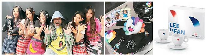 일본 작가 무라카미 다카시와 뉴진스가 협업한 아트 굿즈(가운데)와 단색화 거장 이우환과 커피 브랜드 일리카페의 커피잔 세트. 어도어·일리카페