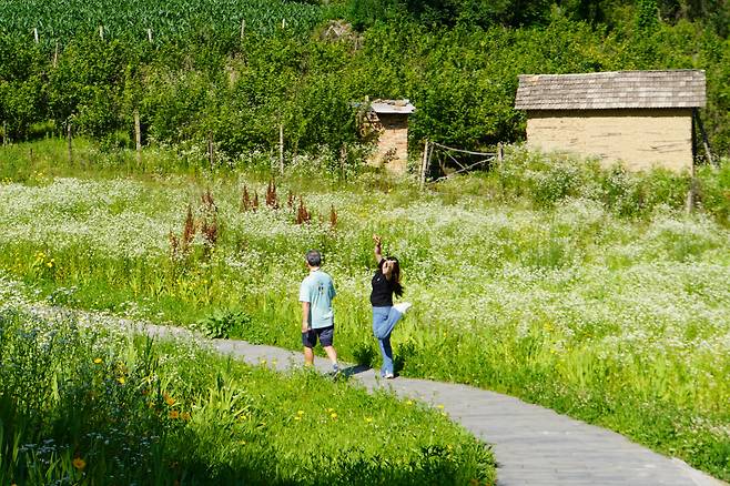 한민족 피라미드 고분군을 보고난뒤 감격에 젖은 한 젊은 여행객이 춤을 추고 있다.