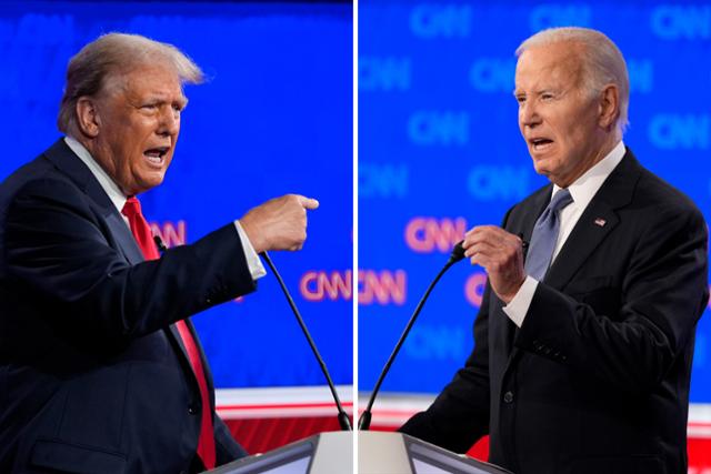 27일 미국 조지아주 애틀랜타 CNN 스튜디오에서 열린 미 대선 후보 첫 TV 토론에 참석한 조 바이든 대통령(오른쪽)과 도널드 트럼프 전 대통령이 격돌하고 있다. AP 연합뉴스