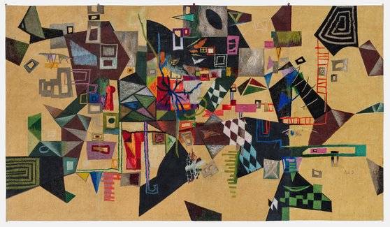 송정인, 벽걸이, 1967, 마대에 염색, 자수, 182x320㎝. 작가 소장. 전위적인 추상 자수를 실험한 작가의 대표작이다. 바탕 천에 천 조각을 붙이고, 다양한 실로 수를 놓았다. [사진 국립현대미술관]