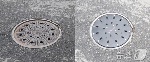 함몰된 맨홀(왼쪽)과 충격 방지구가 적용돼 주변의 단차를 보수할 수있는 맨홀(오른쪽).(안양시 제공)/