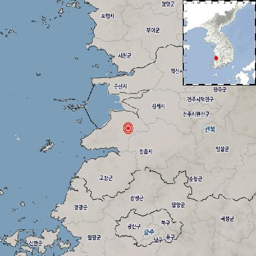 ▲ 3일 오후 2시 24분 43초 전북 부안군 남남서쪽 4km 지역에서 규모 2.3의 지진이 발생했다. 진앙은 북위 35.70도, 동경 126.72도이며 지진 발생 깊이는 8km이다. 기상청 제공
