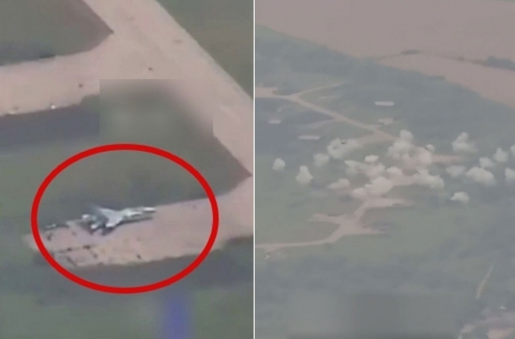 우크라이나 중부 폴타바주 미르호로드 공군기지에 배치돼 있는 수호이(Su)-27 전투기(왼쪽)와 해당 기지에 미사일이 떨어져 폭발이 일어나고 있는 모습. / 출처=러시아 국방부 텔레그램