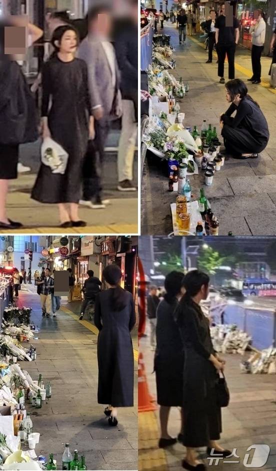 윤석열 대통령 부인 김건희 여사가 3일 밤 10시 50분쯤 9명의 사망자를 낸 시청역 역주행 참사 현장을 찾아 하얀 국화꽃을오 희생자들 넋을 달랜 뒤 관저로 돌아갔다. (디시인사이드 갈무리) ⓒ 뉴스1
