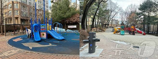 경기 성남시가 도촌동 금잉어 어린이공원 놀이터(왼쪽)와 분당동 동문 어린이공원 놀이터(오른쪽)에 대한 리모델링을 추진한다.(성남시 제공)/