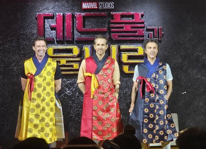 영화 ‘데드풀과 울버린’을 들고 내한한 휴 잭맨, 라이언 레이놀즈, 숀 레비 감독(왼쪽부터), 사진| 이다원 기자