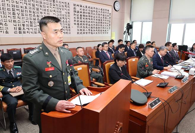 지난 달 21일 국회 법제사법위원회에서 열린 ‘순직 해병 진상규명 방해 및 사건은폐 등의 진상규명을 위한 특별검사 임명법’(채상병특검법)에 대한 입법청문회에 증인으로 출석한 박정훈 전 해병대 수사단장이 발언하고 있다. (사진=연합뉴스)