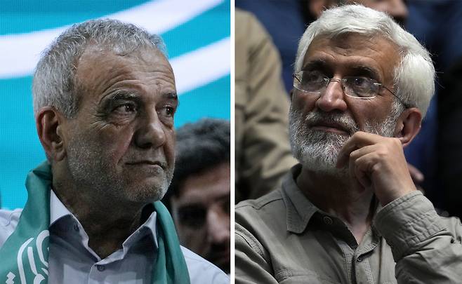 5일(현지시간) 이란 대통령 선거의 결선투표에서 승부를 가릴 중도·개혁 진영의 마수드 페제시키안(70) 마즐리스(의회) 의원(왼쪽)과 강경 보수파인 사이드 잘릴리(59) 전 외무차관. [AP]