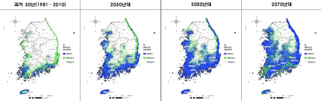 기후변화 시나리오 ‘SSP5’를 적용한 단감 재배지 변동 예측 지도. 자료=농촌진흥청
