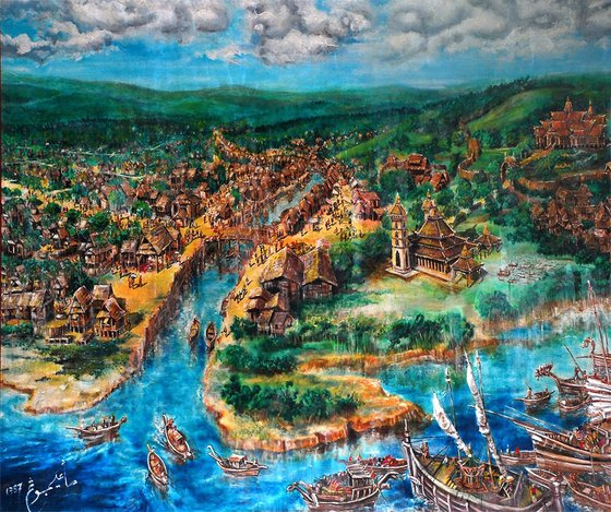 알라우딘 리아얏 샤(재위 1477-1488) 때 말라카 풍경을 상상한 그림. 말라카 거주 인구는 전성기에도 수천 명 선이고 대다수가 외국인이었다. 중국에 간 대규모 사절단에는 외국 상인들이 많았을 것이다.
