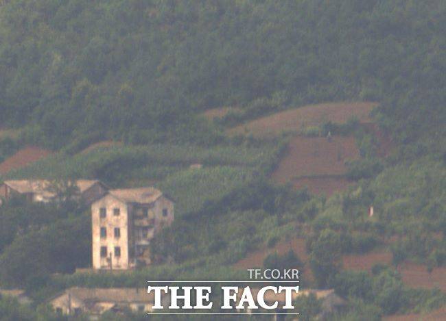 지난 5일 김포 애기봉생태평화공원 조강전망대에서 바라본 북한 개풍군. 멀리 산 중턱에서 밭을 일구는 농부가 보인다./유명식 기자