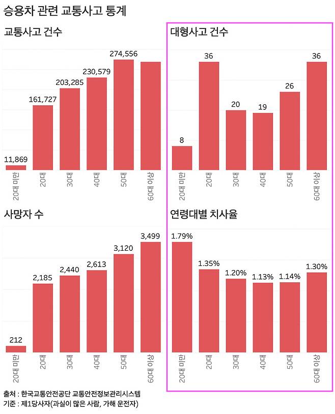 승용차 제1당사자 연령대별 교통사고 발생건수, 치사율 등 지표. 전체 지표와 달리 20대와 60대 지표가 높고 나머지가 낮으면서 U자형 지표로 나타났다. /출처=한국교통안전공단 교통안전정보관리시스템