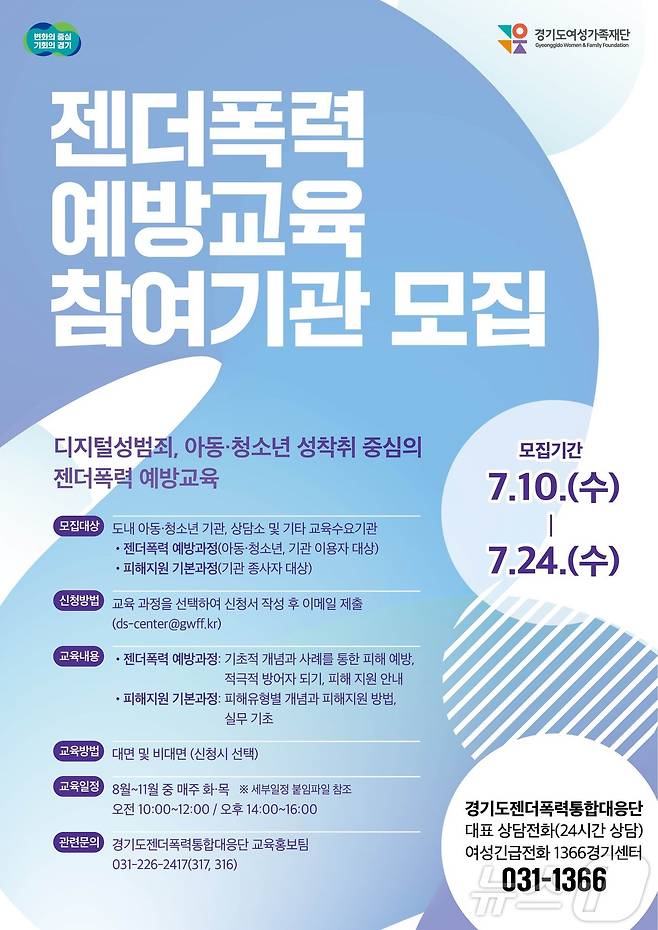 (수원=뉴스1) 송용환 기자 = 경기도여성가족재단에서 운영하는 경기도젠더폭력통합대응단이 젠더폭력 예방교육 참여 기관을 모집한다.(경기도여성가족재단 제공)/