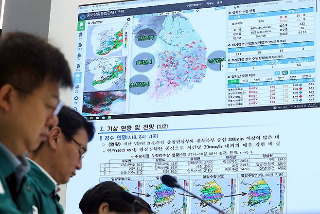 세종시 정부세종청사 행정안전부 중앙재난안전상황실에서 관계 공무원들이 집중호우 대응상황을 점검하고 있다. (ⓒ뉴스1, 무단 전재-재배포 금지)