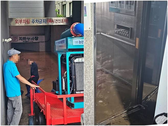 50대가 승강기(왼쪽)에 갇혀 숨진 충남 논산의 한 오피스텔에서 10일 오전 배수 작업(오른쪽)이 진행되고 있다. 논산시 제공