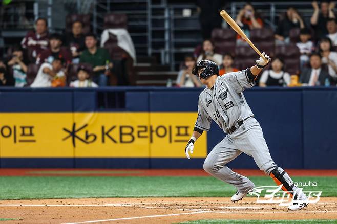 한화 이글스 채은성이 10일 키움전 홈런으로 올 시즌 키움전 30타수 무안타 행진을 깼다. 사진=한화 이글스 제공
