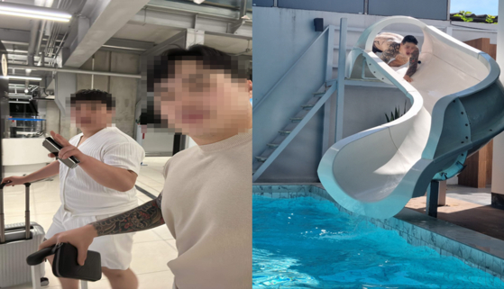 Left: Two drug mules suspected of smuggling drugs into Korea take selfies while entering Thailand. Right: The drug ring's kingpin slides down a water slide at a villa in Thailand. [SUPREME PROSECUTORS' OFFICE]