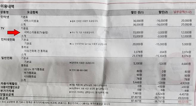 A 건설회사에 고지된 6월 납부내역 kt 사용 명세서. 신청하지도 않은 TV 사용료(빨강색 화살표)가 납부금액으로 명시돼 있다.〈민원인 A건설회사 제공〉