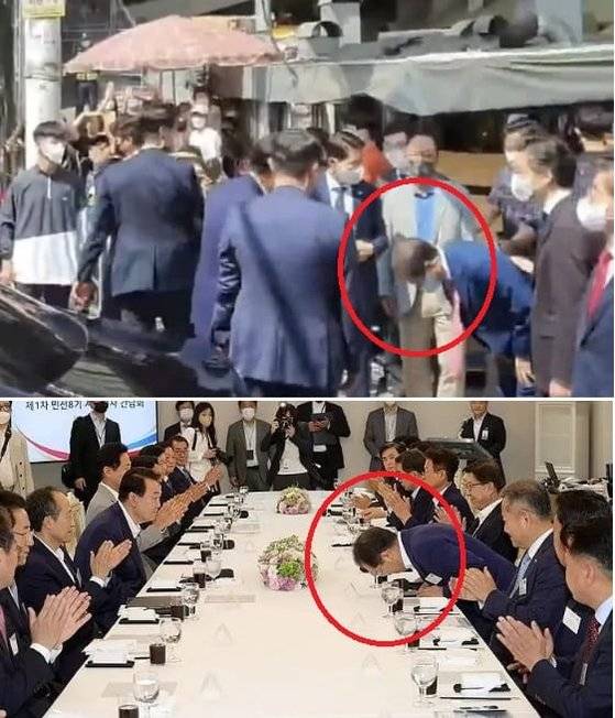 (위)2022년 윤석열 대통령이 취임 후 처음으로 대구 서문시장을 찾았을 당시 홍준표 시장. 2022년 7월 제1차 민선 8기 시·도지사 간담회에서 홍준표 시장. 사진 페이스북