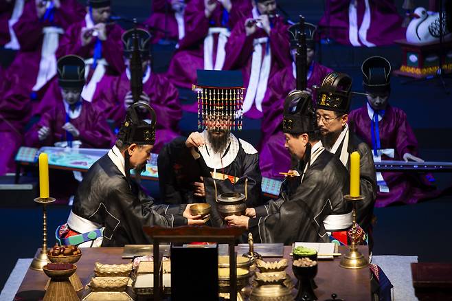 Members of the National Gugak Center perform "Sajik Jeryeak" during a press rehearsal on Wednesday. (National Gugak Center)