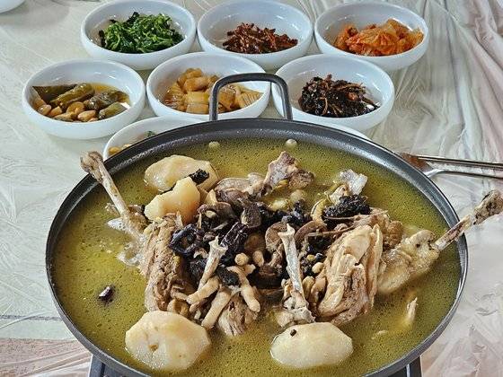 풍곡리 논골식당에서 먹은 능이백숙. 밑반찬도 훌륭하다.